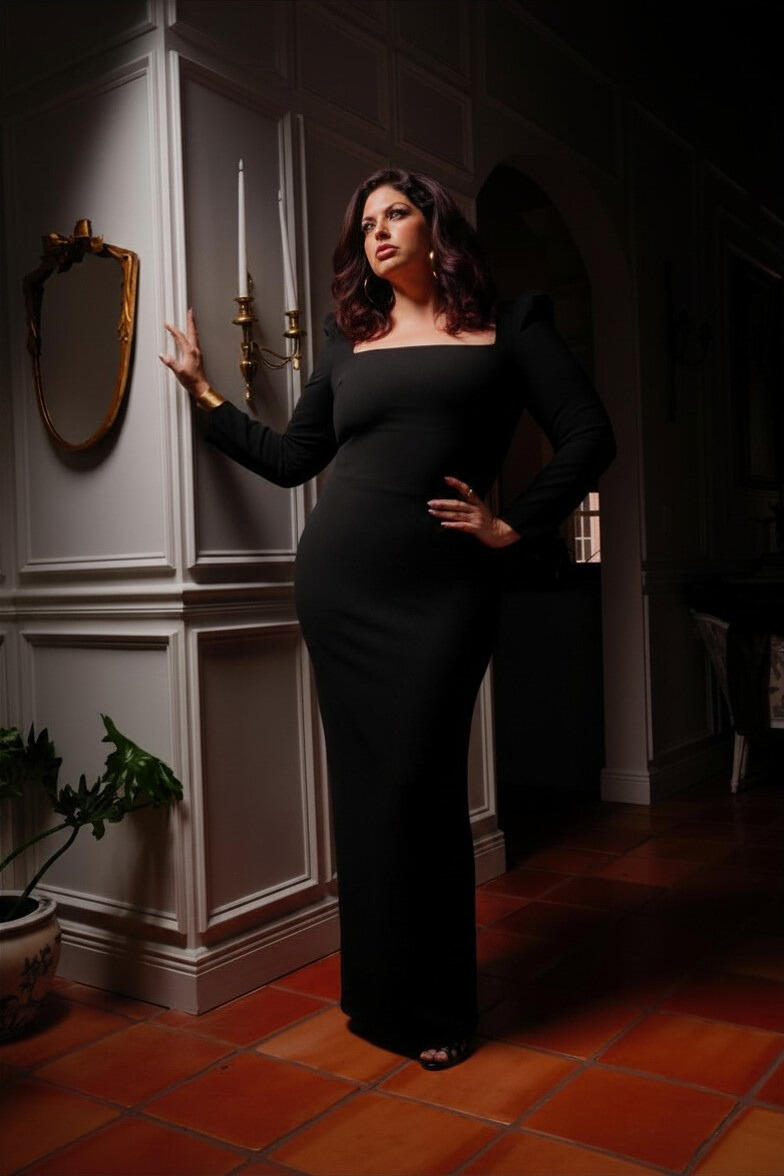 Moody high-fashion portrait of a woman in a long-sleeve black gown leaning against white French paneled walls next to a gold mirror.